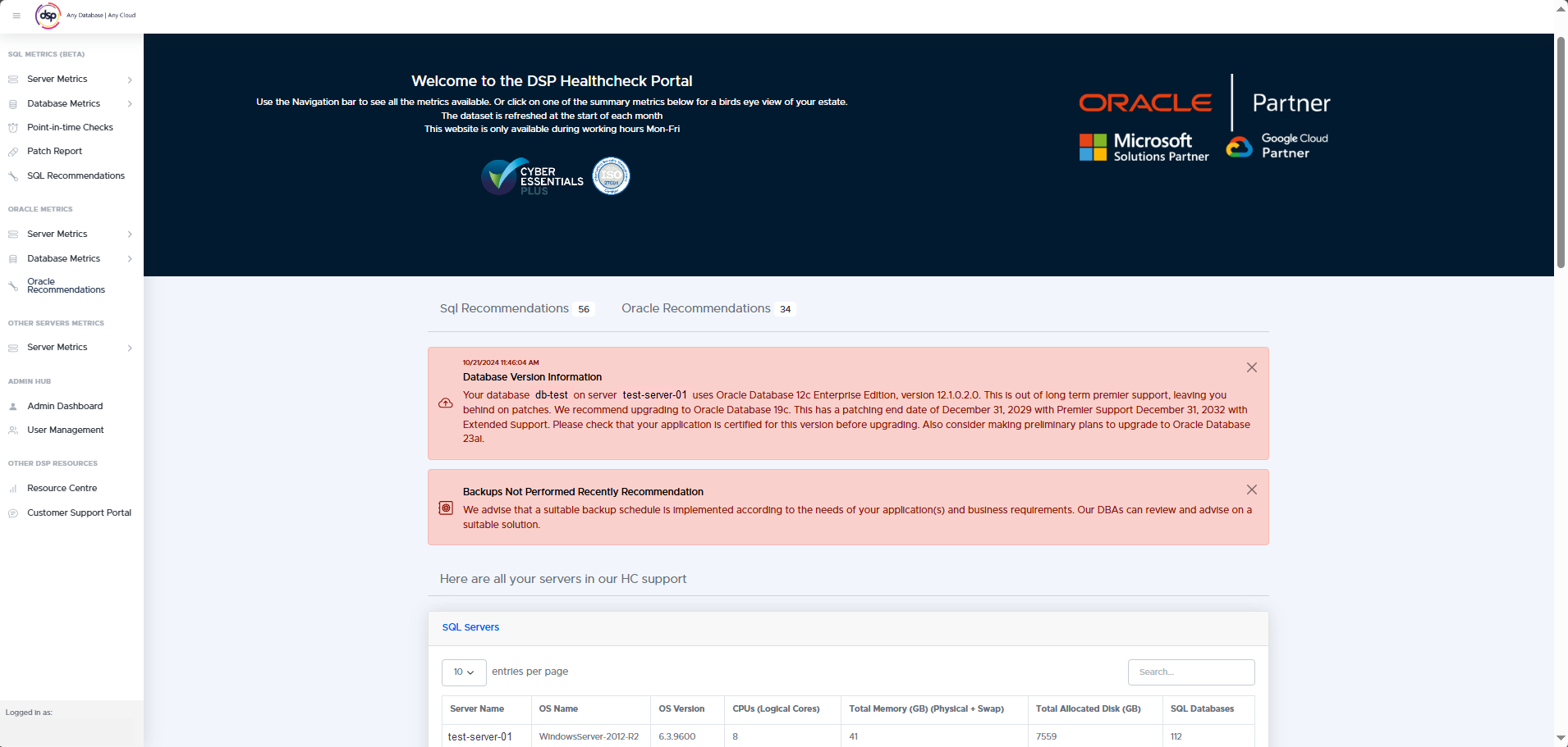 Database Health Check Portal